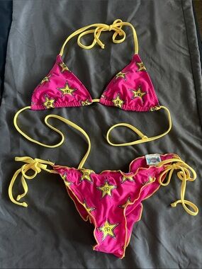 Women’s Pink & Yellow Star Print Triangle Bikini